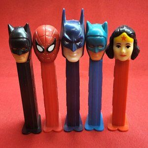 Vintage Superheroes Pez Dispensers Batman Spiderman Wonder Woman Set of 5